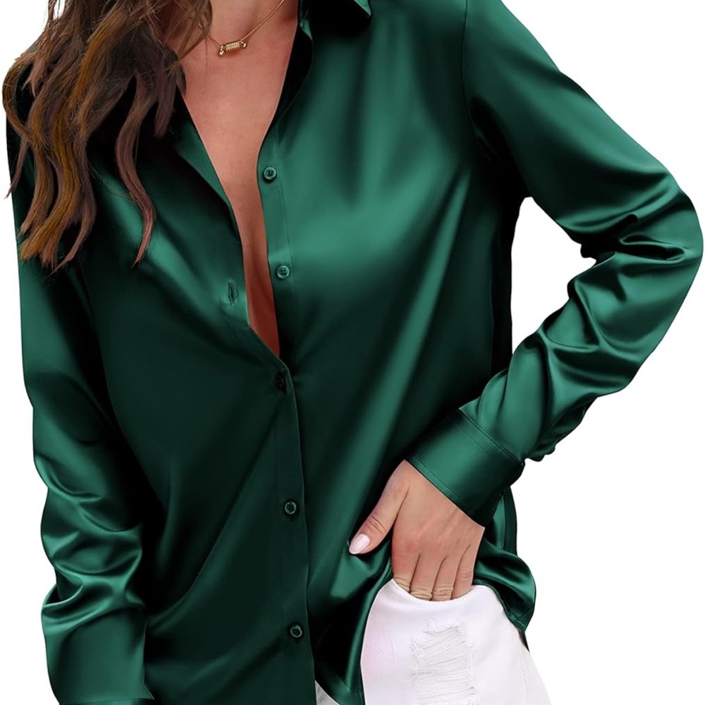 Amazon Deep Green Satin Button Down Shirt